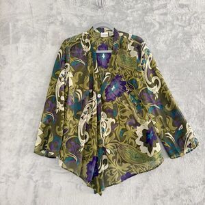 Chico’s 100% Silk Sheer Boho Floral Cardigan Olive Purple Teal One Button Size 1